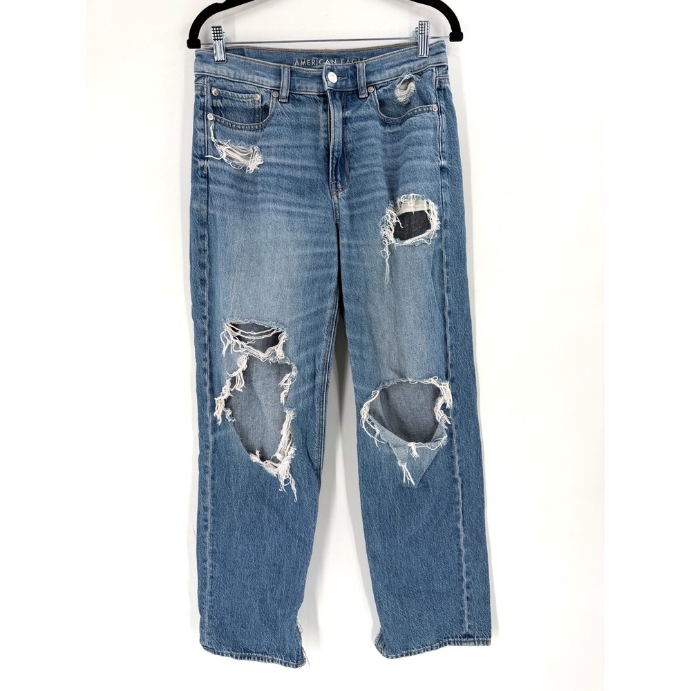 American Eagle Super Baggy Straight Jeans Womens 4 Blue Distressed Grunge Street